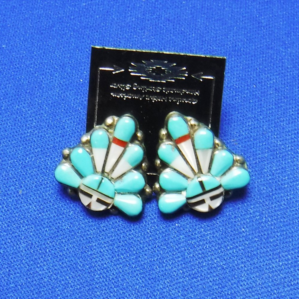 Post Earrings, Sterling Silver, Turquoise, Coral